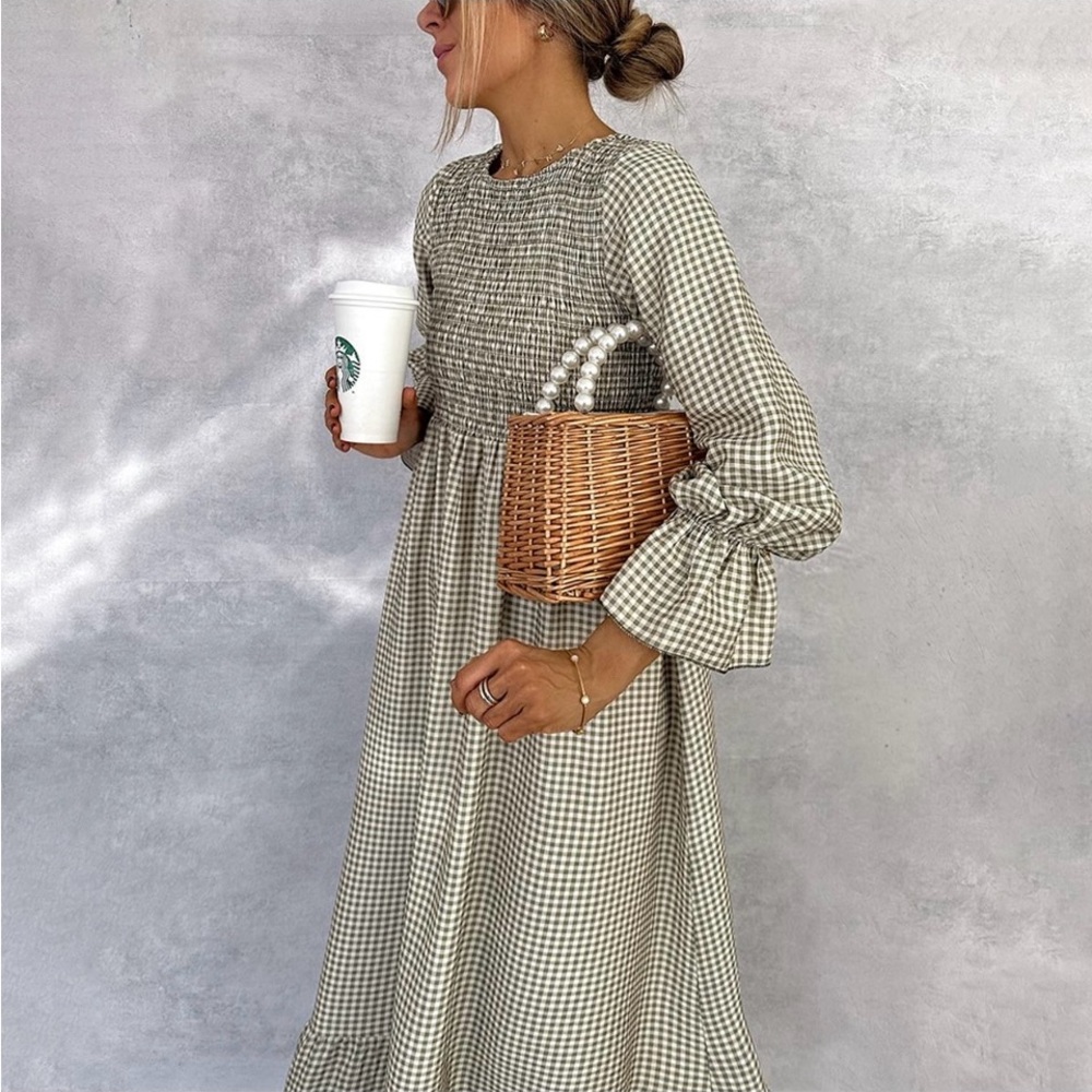 Elegant Long Sleeve Gingham Dress